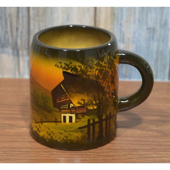Hand Painted Black Forest Mug Schramberg Germany Pottery Alpine Chalet Drip SMF - Picture 6 of 12